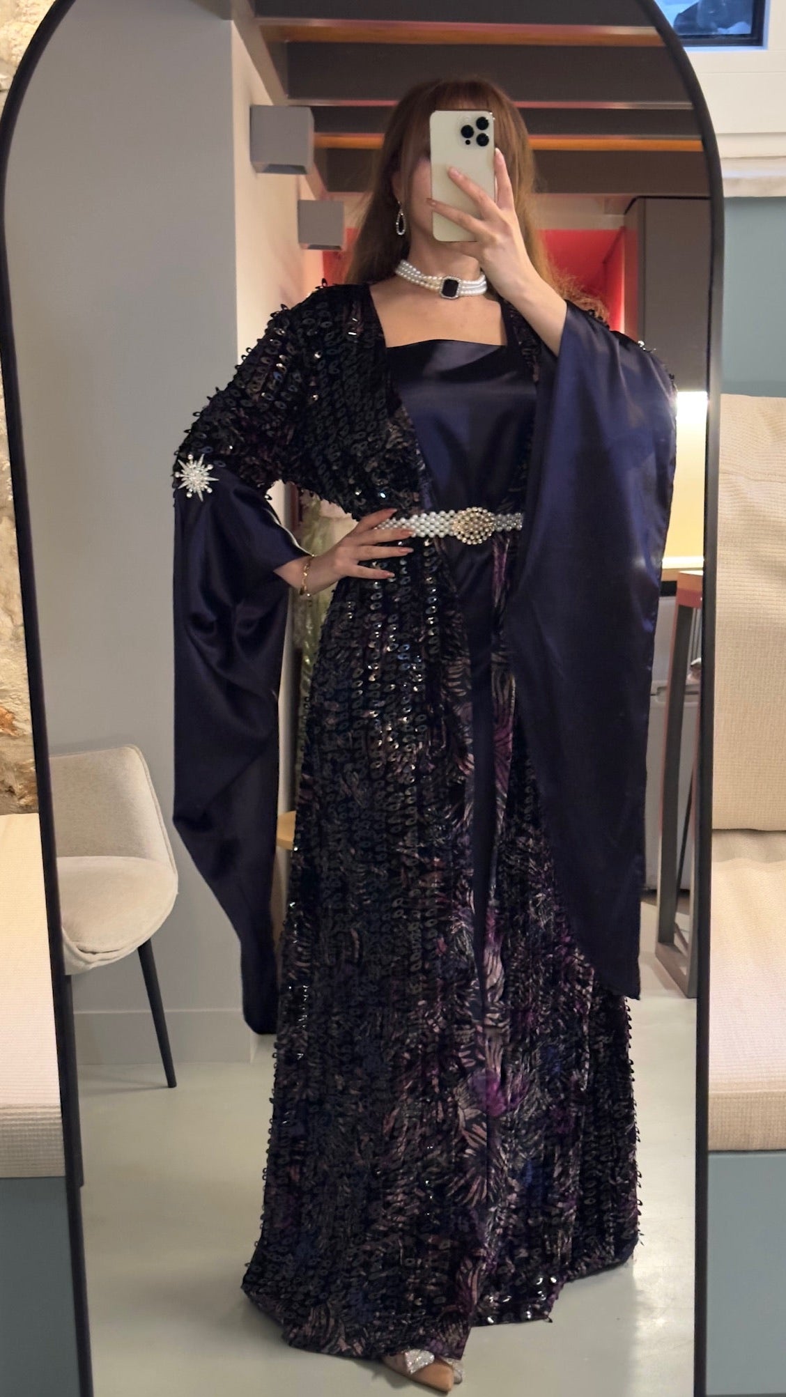 Şevîn midnight navy Kurdish gown - black sequin coat with purple tones