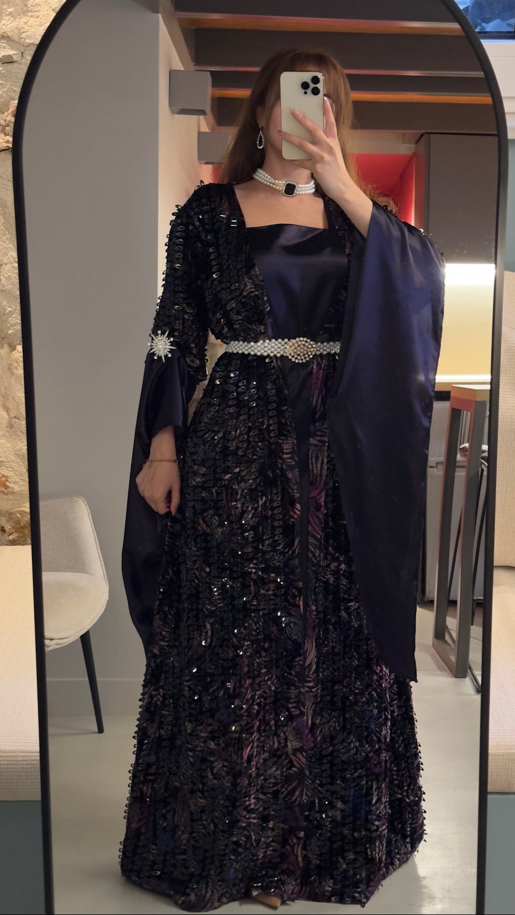 Şevîn midnight navy Kurdish two-piece gown - black sequined coat over navy satin