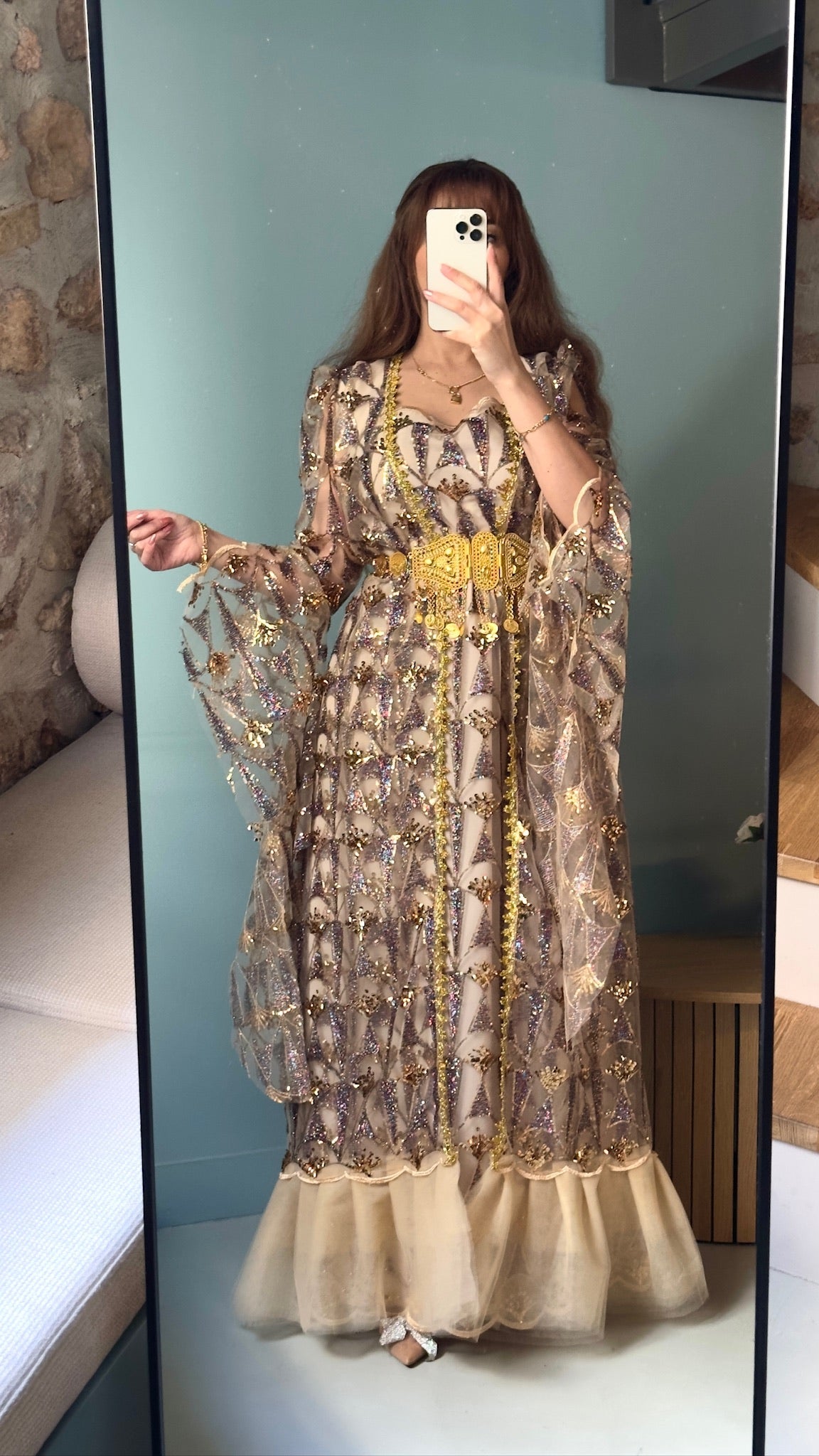 Zêrîn champagne and gold sequin Kurdish gown