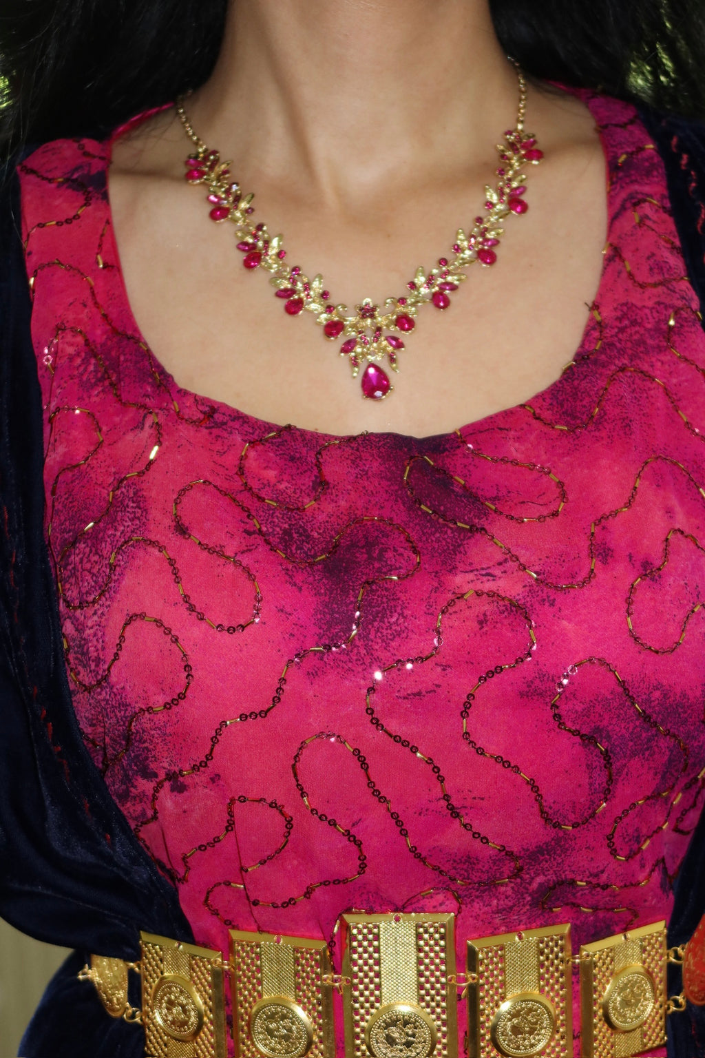 Nesrîn, Kurdish Two-Piece Dress in Fuchsia and Navy | For Rent
