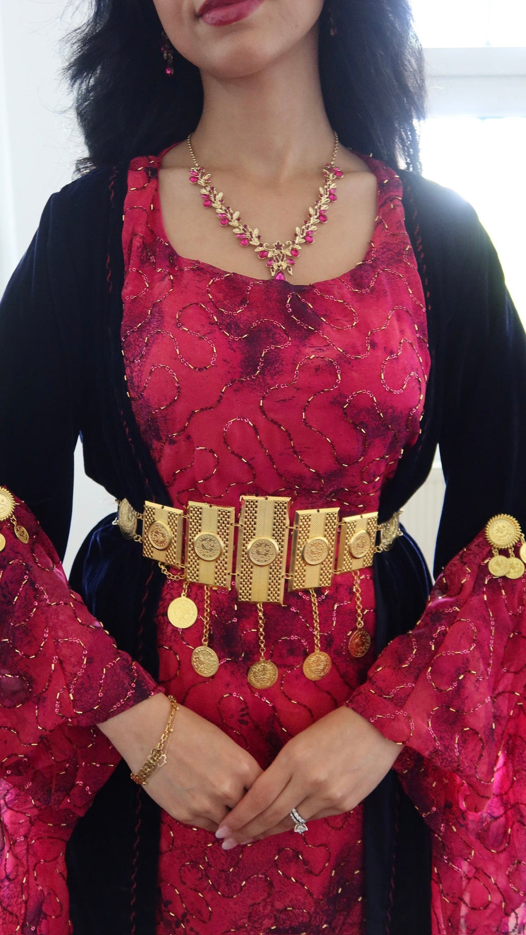 Nesrîn, Kurdish Two-Piece Dress in Fuchsia and Navy | For Rent