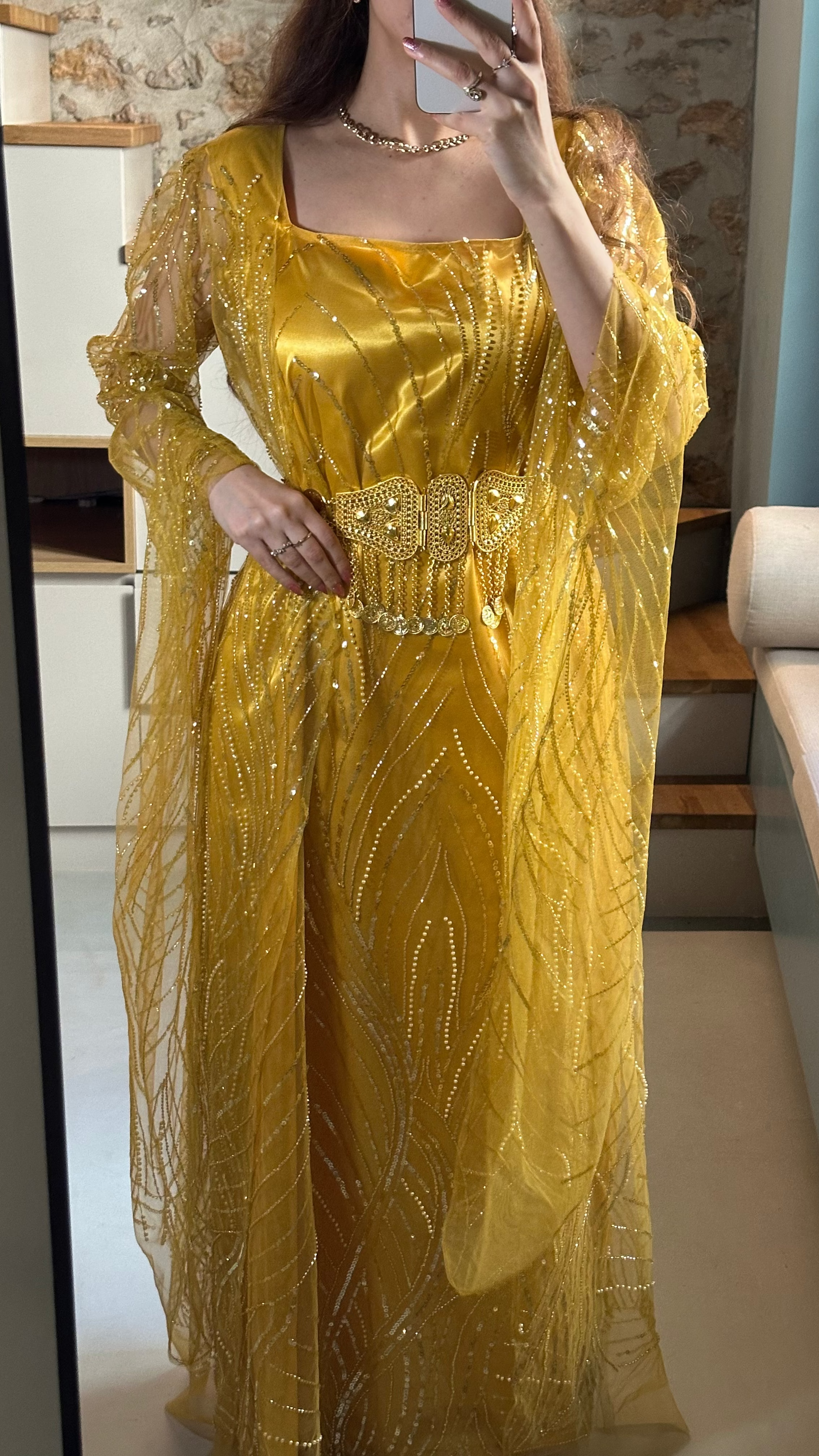 Roj, Kurdish Two-Piece Dress in Yellow and Gold | For Rent