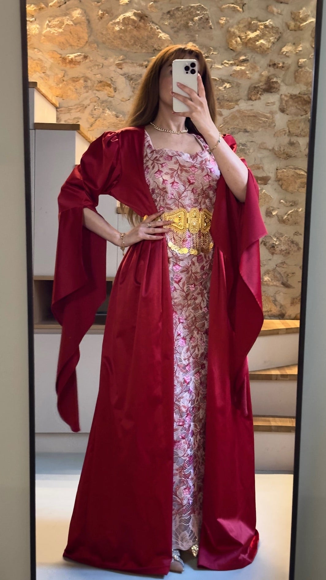 Gulîstan, Kurdish Two-Piece Dress in Red and Pink Floral | For Rent