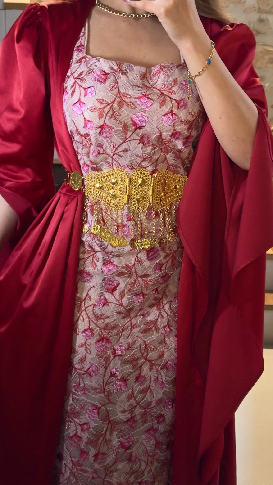 Gulîstan, Kurdish Two-Piece Dress in Red and Pink Floral | For Rent