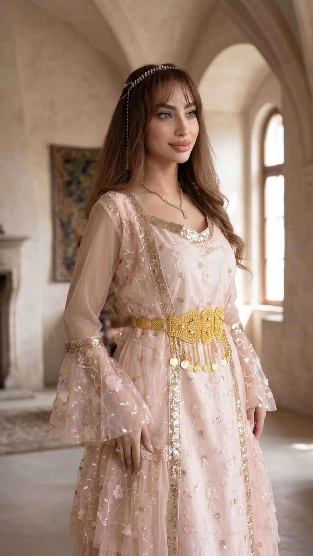 Avesta, Unique design, Kurdish Two-Piece dress in Blush Pink | For Rent