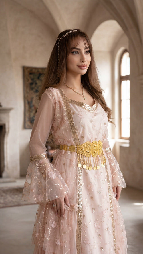 Avesta, Unique design, Kurdish Two-Piece dress in Blush Pink | For Rent