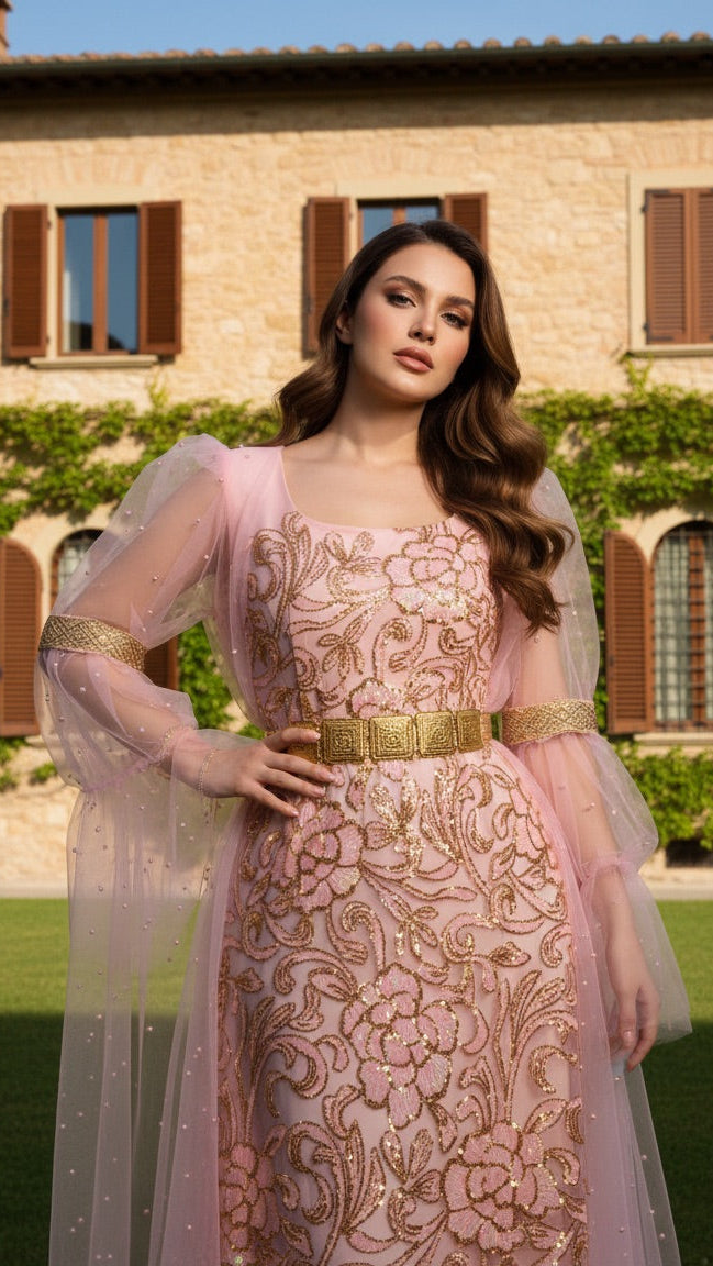 Woman in a pink and gold dress standing in front of a stone building with greenery.