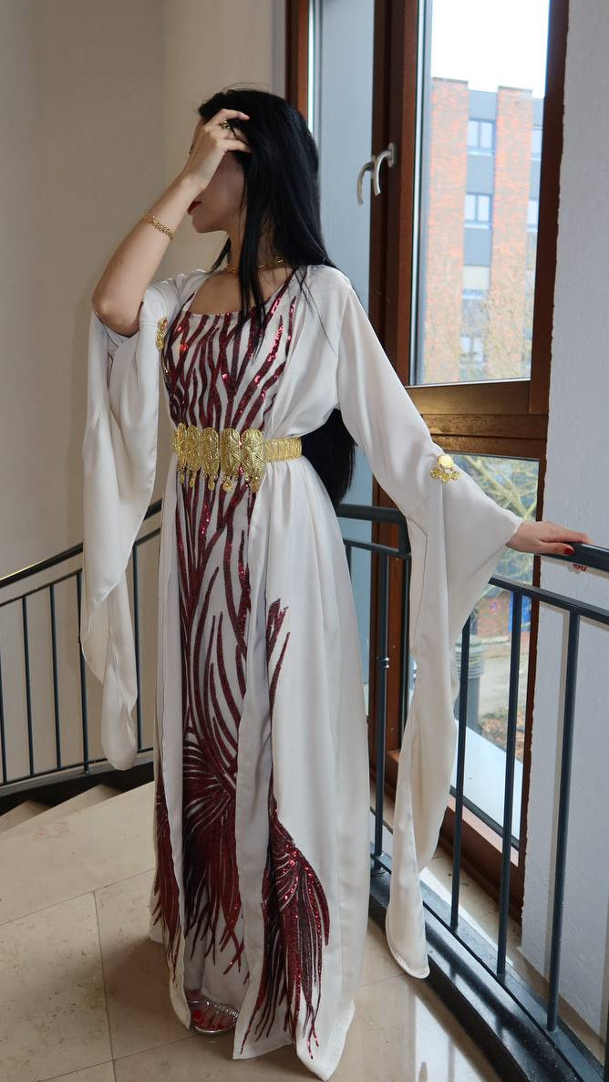 Lalê, Kurdish Two-Piece Dress in White and Burgundy | For Rent