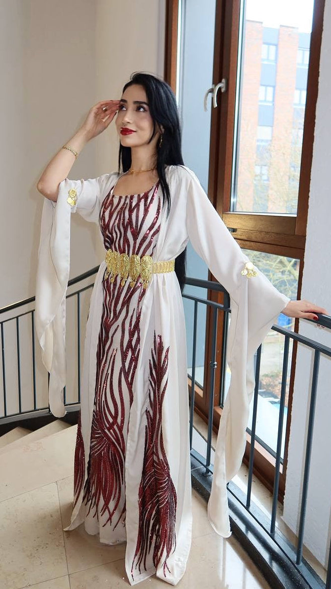 Lalê, Kurdish Two-Piece Dress in White and Burgundy
