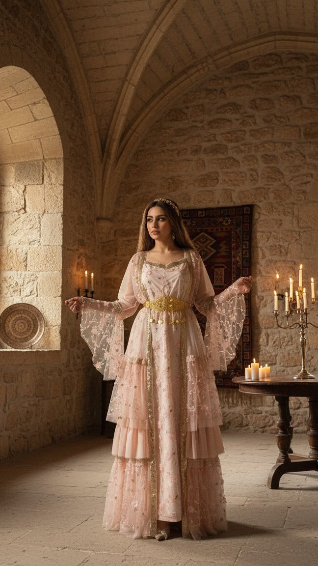 Avesta, Unique design, Kurdish Two-Piece dress in Blush Pink | For Rent