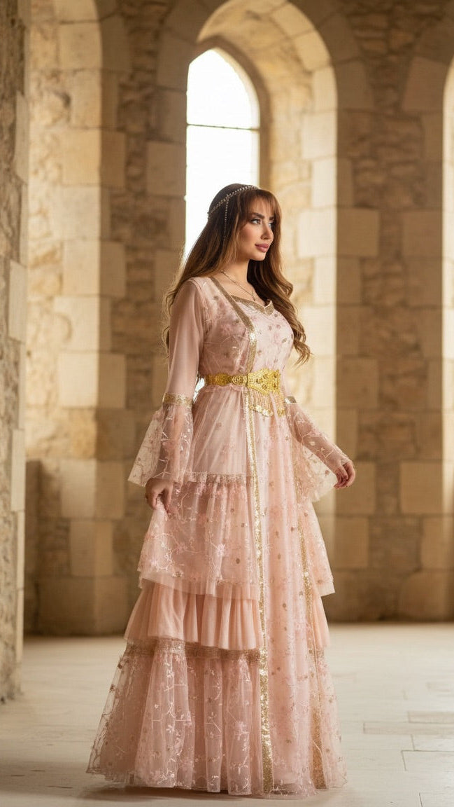 Avesta, Unique design, Kurdish Two-Piece dress in Blush Pink | For Rent