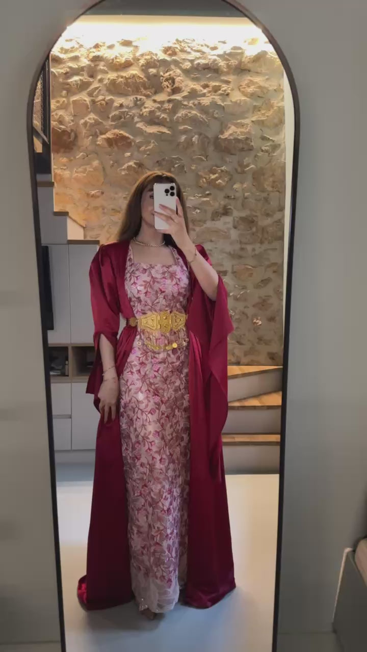 Gulîstan, Kurdish Two-Piece Dress in Red and Pink Floral | For Rent